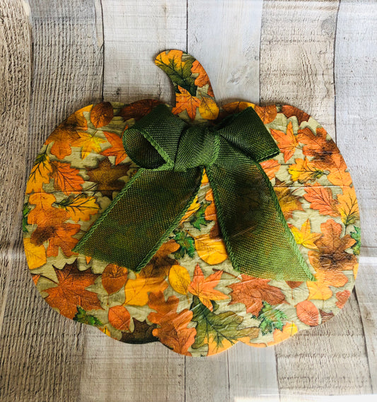 Pumpkin Decoupage Craft Kit from Seniorly Creations. It is a 13 inch pumpkin with a leaf pattern and burlap bow. 