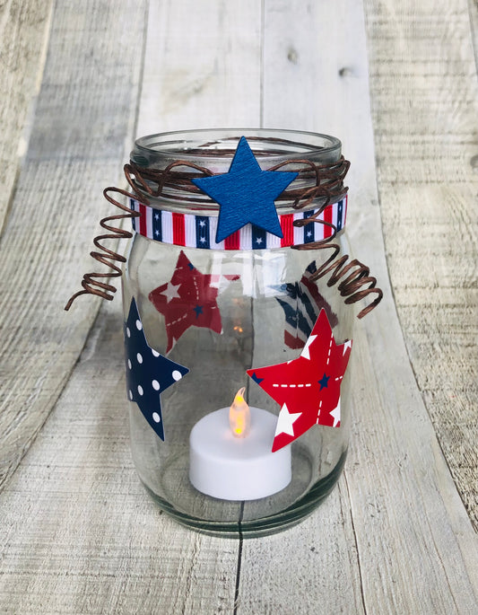 patriotic mason jar craft with stars, red white and blue. 