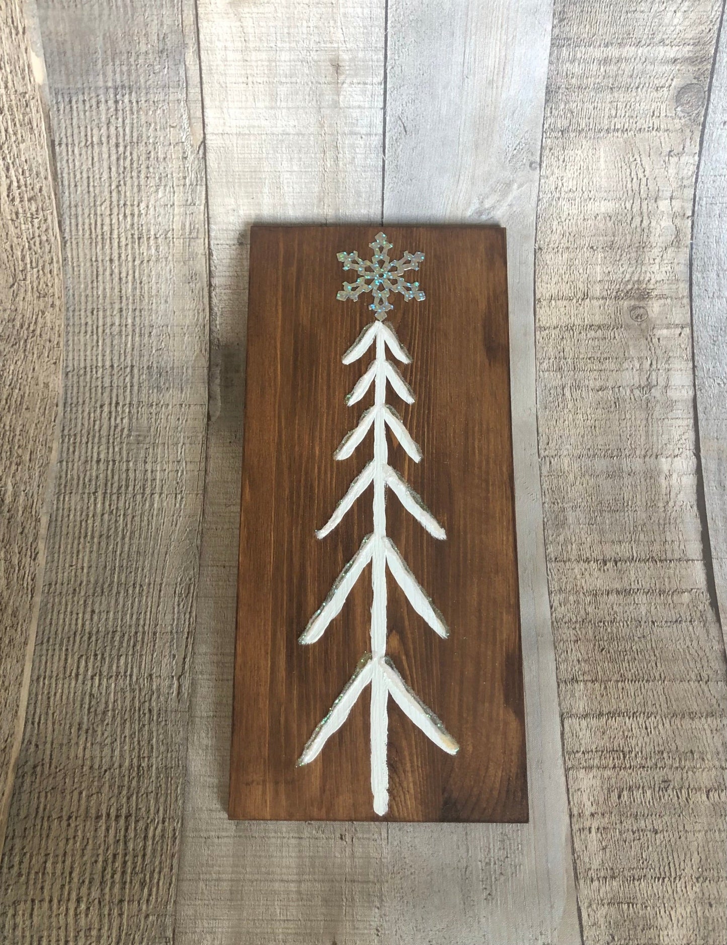 completed craft from Seniorly Creations. primitive winter tree painted on pine board.
